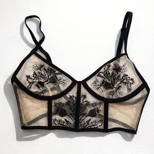 Thistle and Spire Verona Embroidered Longline Bra Women's 32DD Black Nude Mesh